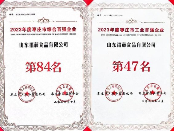 福藤食品有限公司荣登枣庄市“双百”强榜单