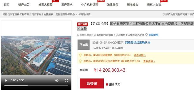 信阳市固始县一个占地40亩的工厂破产拍卖被人1421万元买下