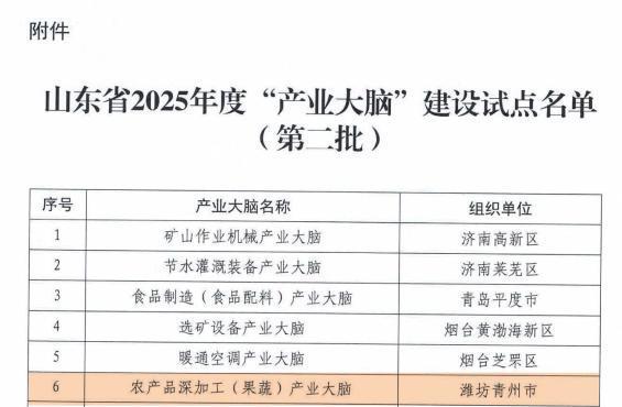 青州市“农产品深加工（果蔬）产业大脑”成功入选省级建设试点