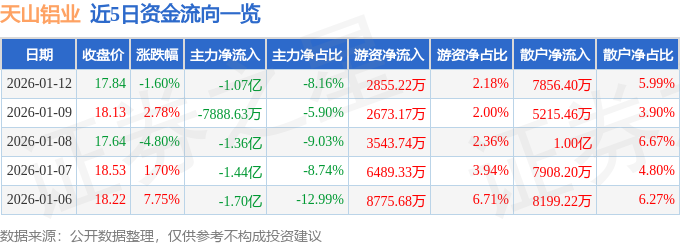 天山铝业（002532）1月12日主力资金净卖出107亿元